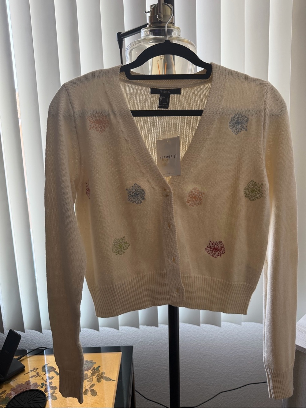 Forever 21 Cream Embroidered Floral V-Neck Cardigan
